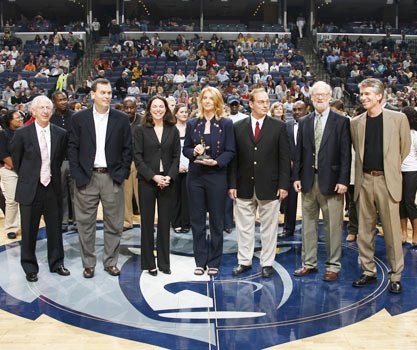 Grizzlies President of Business Operations Andy Dolich; Grizzlies local owner Staley Cates; Memphis Grizzlies Charitable Foundation Executive Director Jenny Turner-Koltnow; Carlette Patterson, CEO of Patterson Sports Ventures; SPP Executive Director Greg Johnson; RWJF Deputy Director of Communications Fred Mann; and RWKF Senior Communications Officer Joe Marx